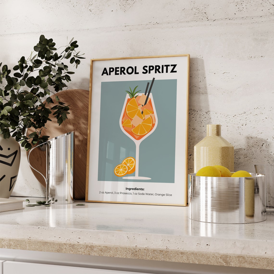 Aperol Spritz Cocktail Illustration Blue Bar Cart Recipe Poster - Image 2