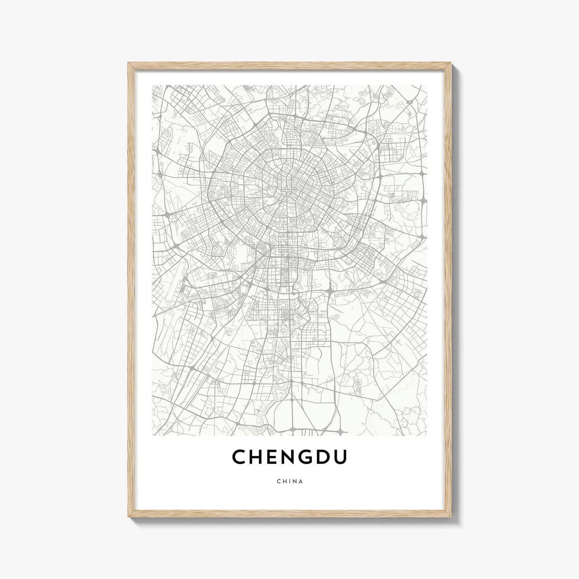 Chengdu China Modern City Map Minimalist Gray Street Plan Poster
