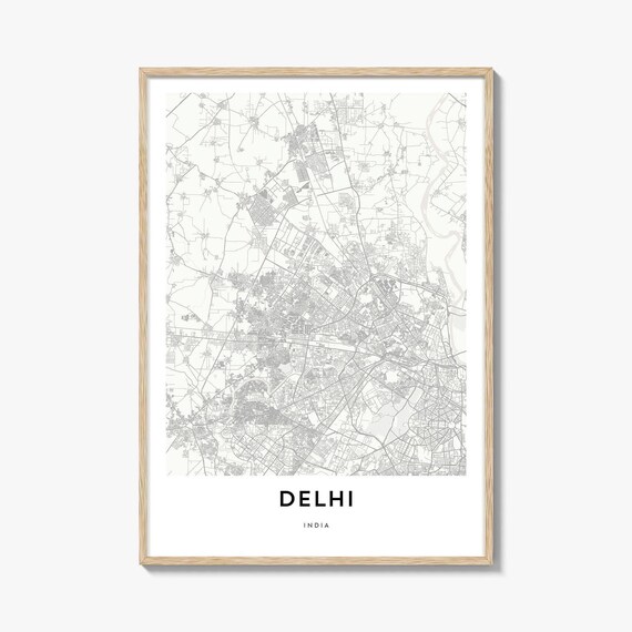 Delhi India Minimalist Black and White City Street Map Poster