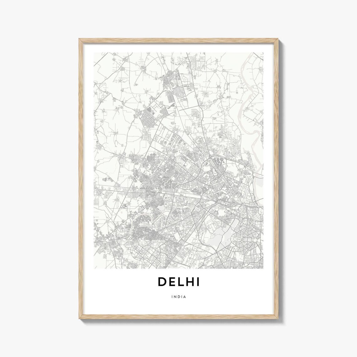 Delhi India Minimalist Black and White City Street Map Poster