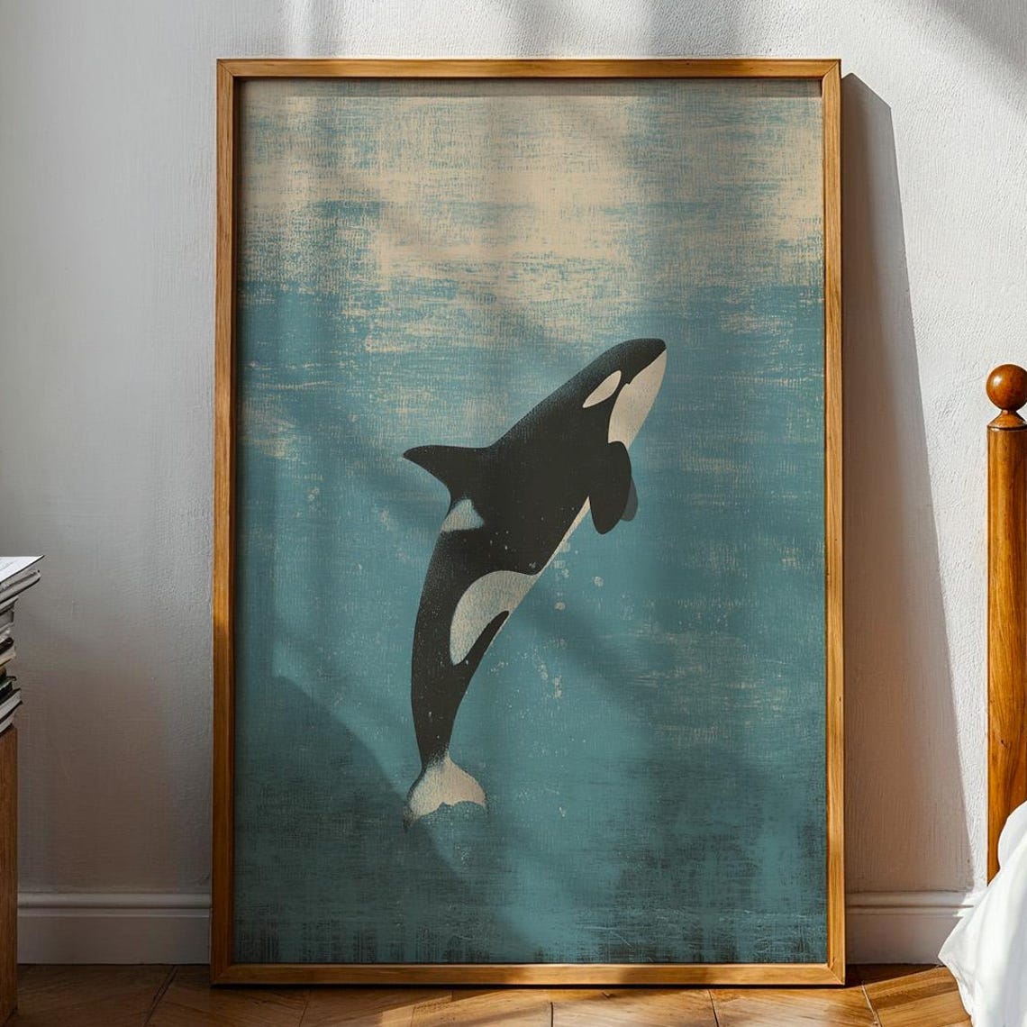 Orca Diving Underwater Vintage Teal Ocean Illustration Poster