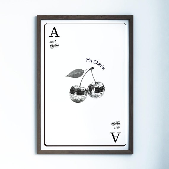 Cherry Black And White Disco Ball Poster Poker Cards Minimalist Cherry Prints Trendy Aesthetic Posters Coquette Cherries Retro Poster