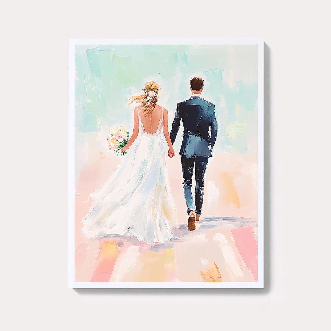 Sweet Watercolor Wedding Couple Walking Away Romantic Art Poster