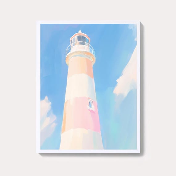 Pink Striped Lighthouse Print Pastel Coastal Wall Art