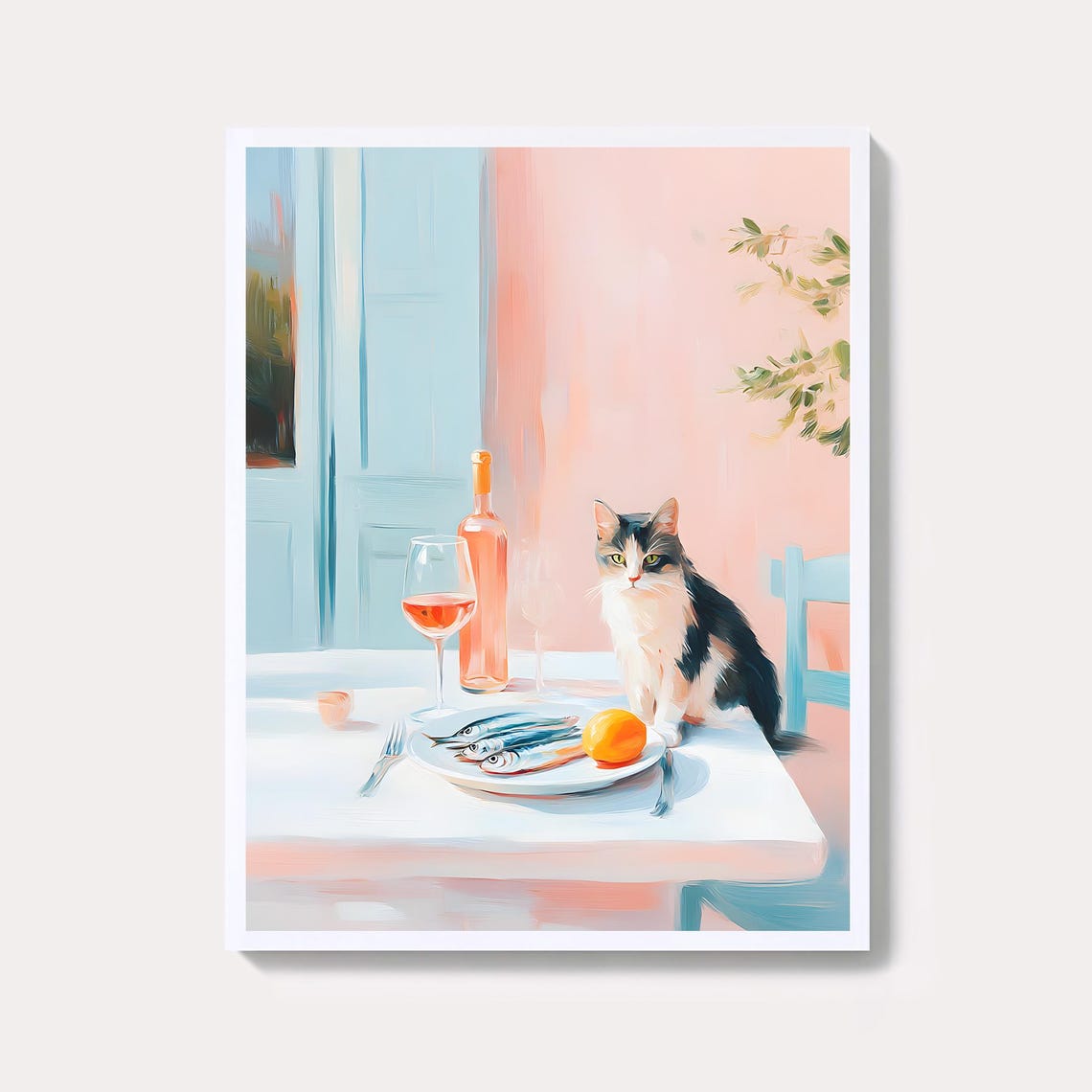 Cat Watching Fish Plate With Wine Glass Pastel Kitchen Art Poster