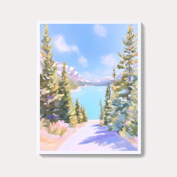 Pastel Banff Lake Pines Canadian Rockies Landscape Art Poster