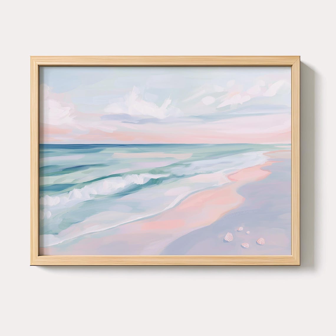 Pastel Beach Ocean Sunset Waves Soft Coastal Seashells Art Poster