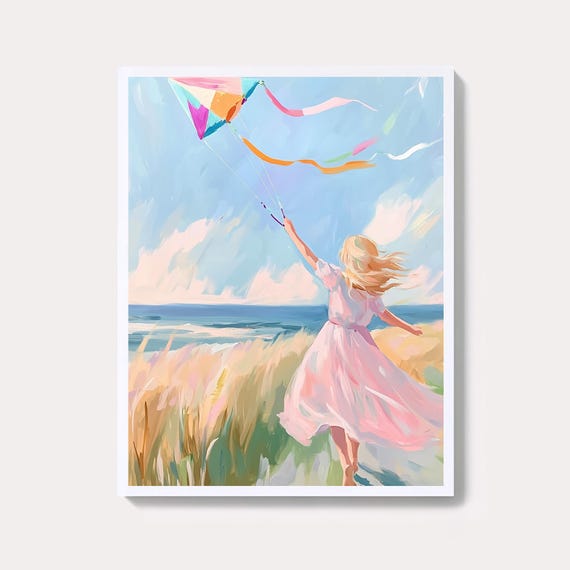 Girl Flying Kite Art Print Pastel Sky Summer Breeze
