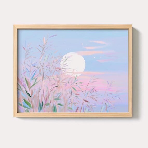 Pastel Full Moonrise Over Tall Grasses Dreamy Night Sky Poster