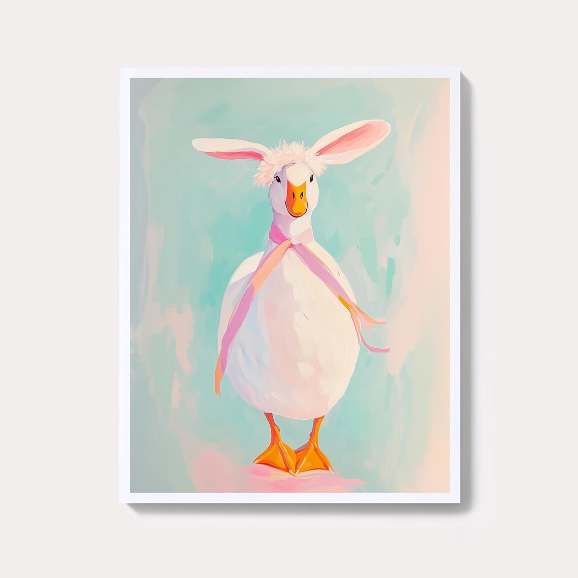 Easter Duckling With Bunny Ears Pink Ribbon Pastel Nursery Spring Art Poster