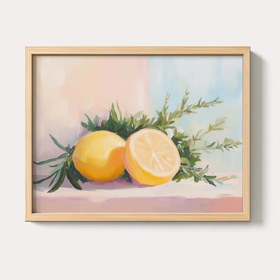 Vintage Lemon Still Life Painting Pastel Kitchen Art