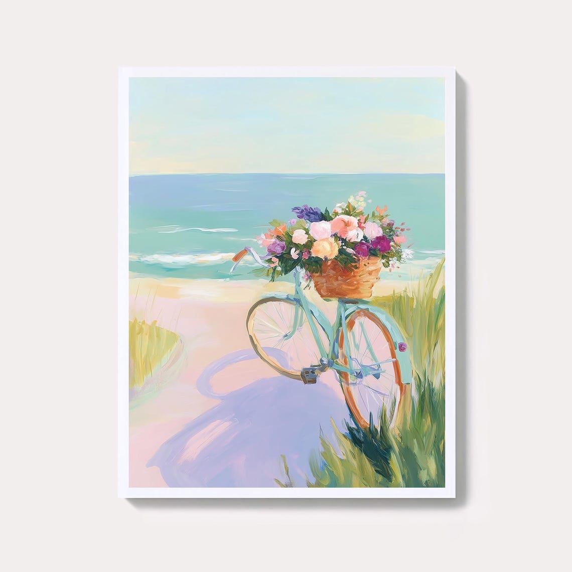 Beach Bicycle Flower Basket Pastel Seaside Path Spring Wall Art