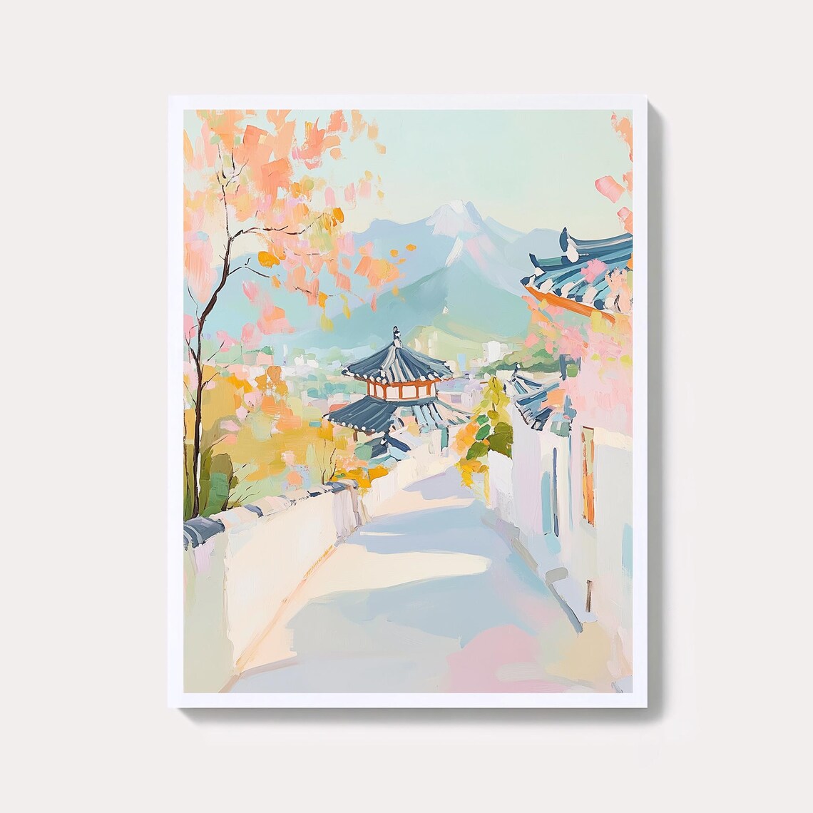 Seoul South Korea Cherry Blossom Alley Pastel Watercolor Travel Poster
