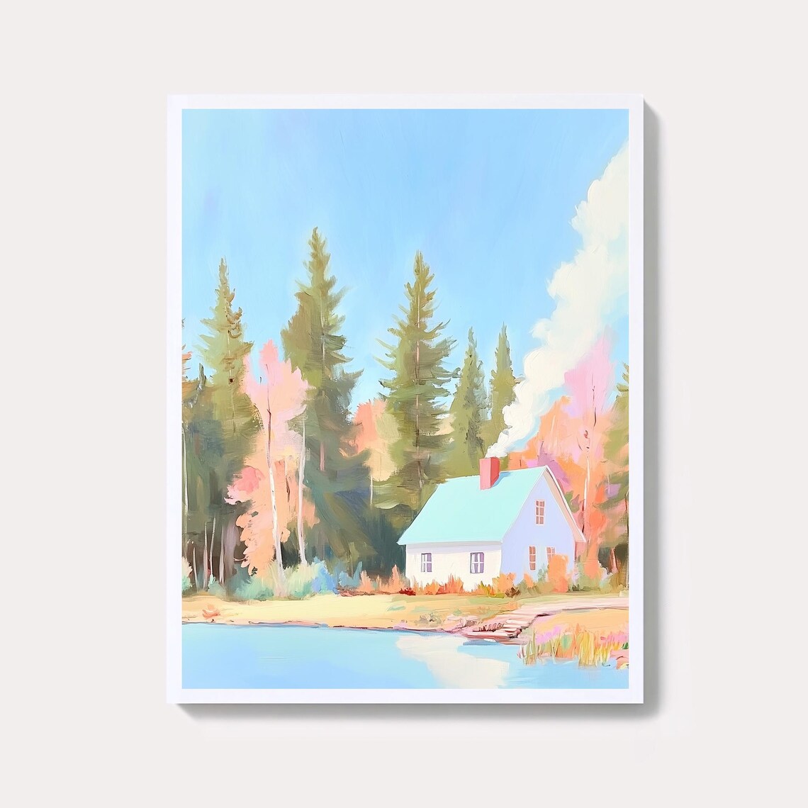Cozy Lakeside Cottage Pastel Forest Cabin Scenic Painting Poster