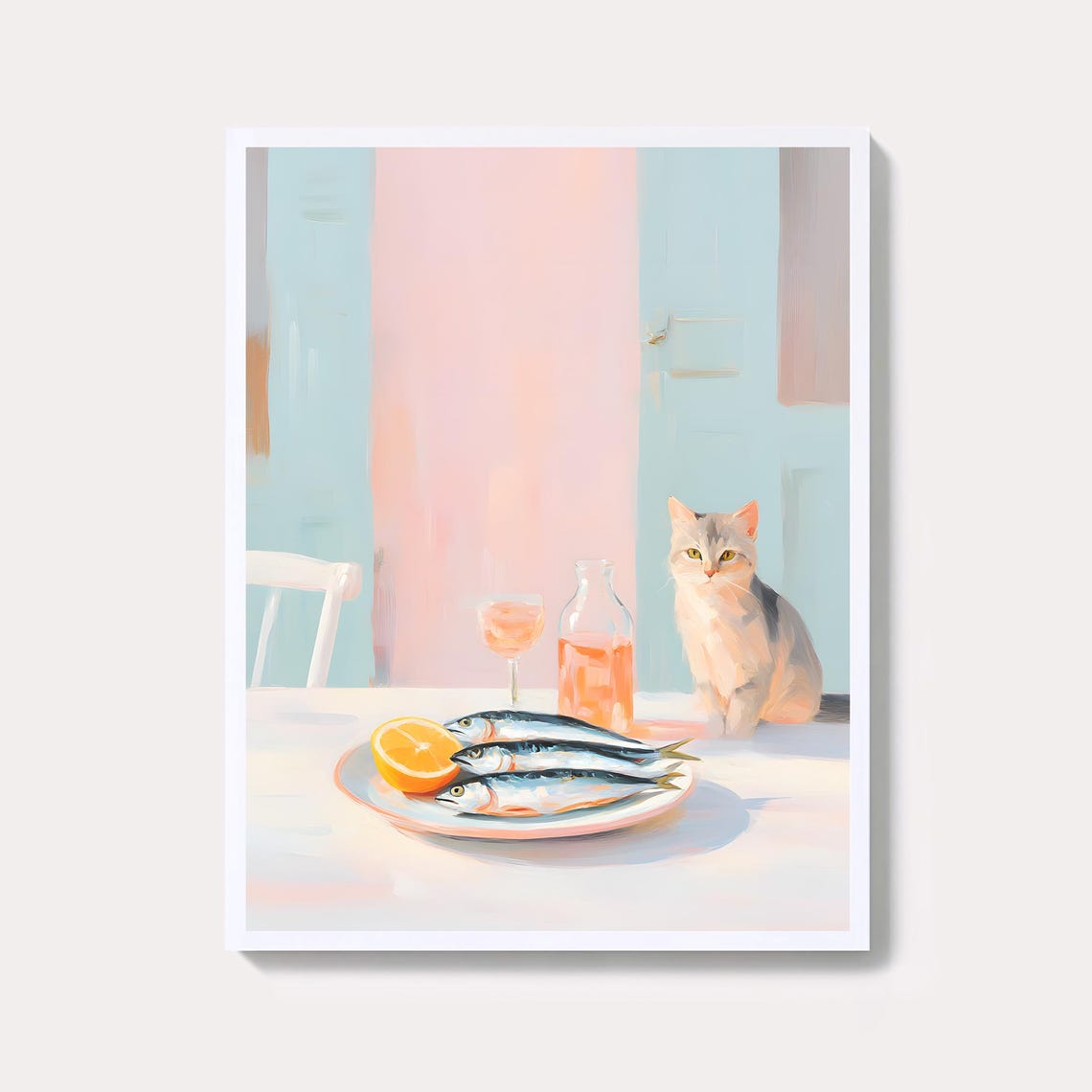 Pastel Cat Watching Sardines Coastal Kitchen Still Life Poster