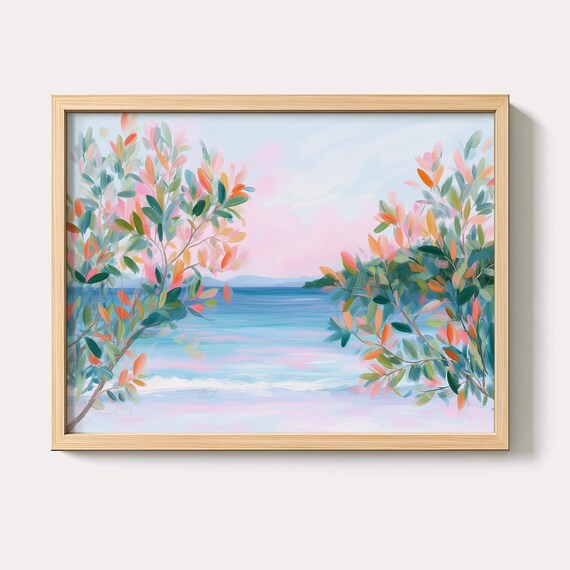 Pastel Ocean View Framed By Coastal Leaves Serene Seaside Art Poster