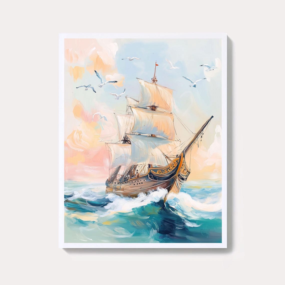 Watercolor Tall Sailing Ship On Ocean Waves With Seagulls Wall Art