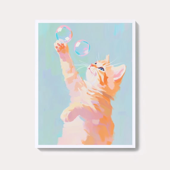 Pastel Ginger Kitten Playing With Bubbles Playful Pet Illustration Poster
