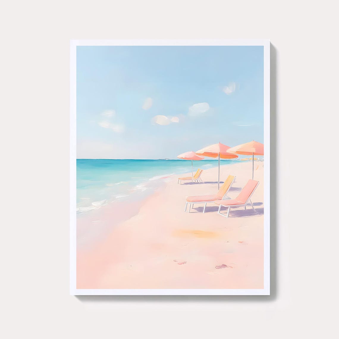 Pastel Beach Umbrellas and Loungers Pink Sand Summer Seaside Print