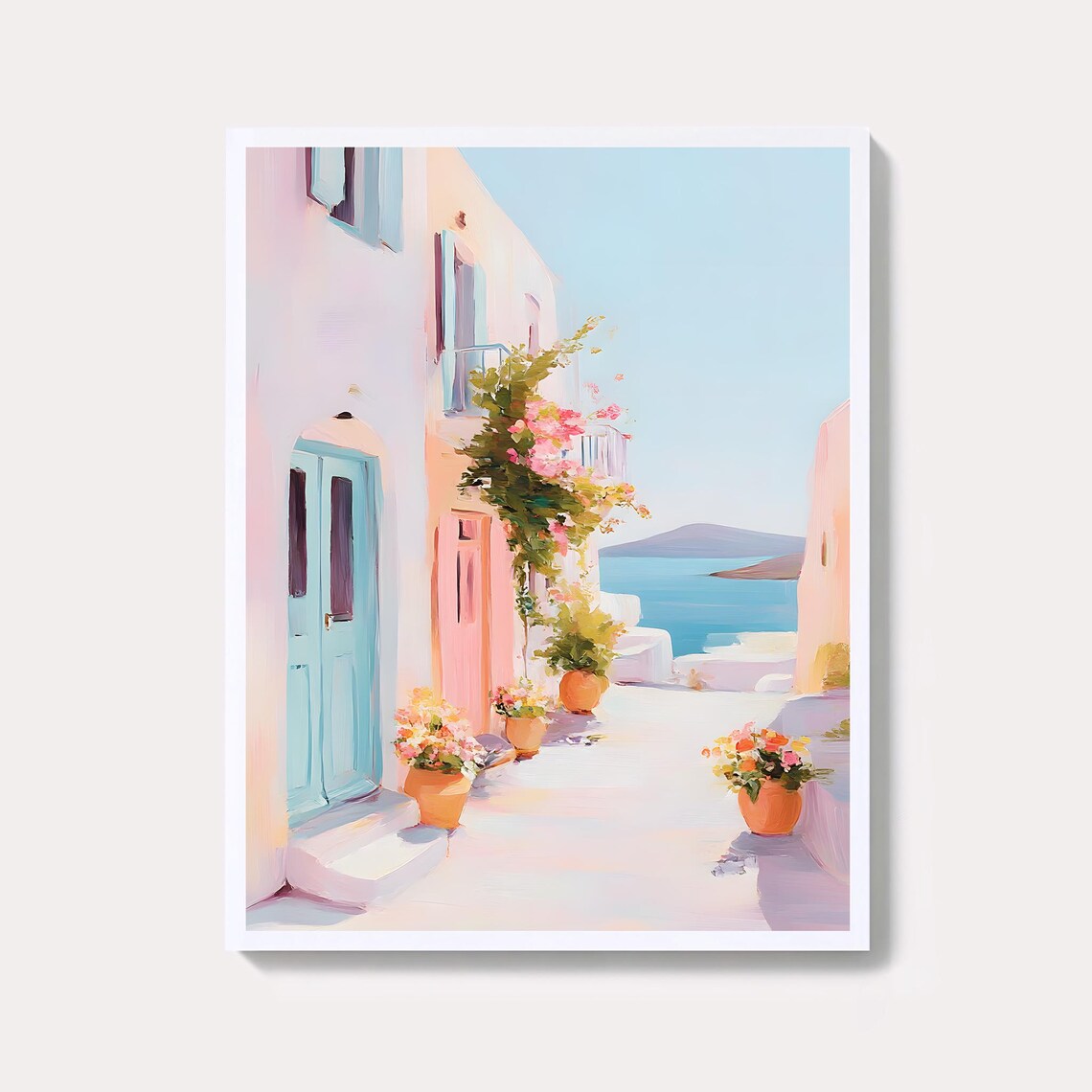 Greek Island Alley Pastel Pink Blue Doors Santorini Wall Art