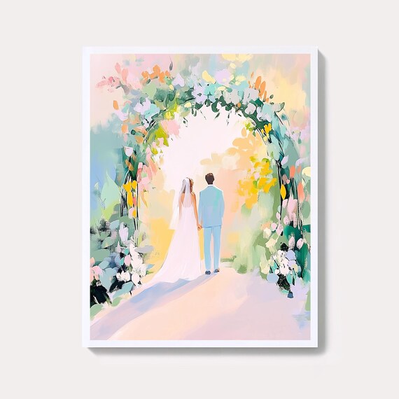 Watercolor Wedding Arch Bride and Groom Romantic Floral Art Poster
