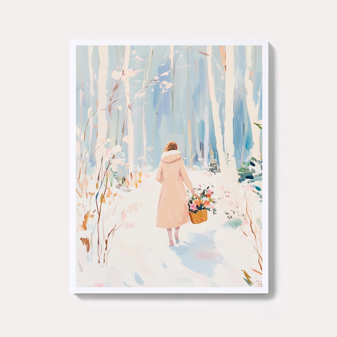 Woman Carrying Flowers Through Snowy Birch Forest Painting Poster