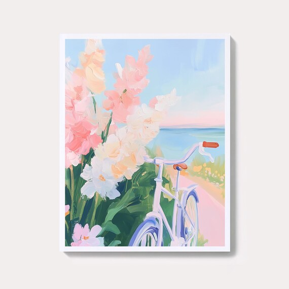 Pink Flower Bicycle Coastal Pastel Beach Scene Summer Poster