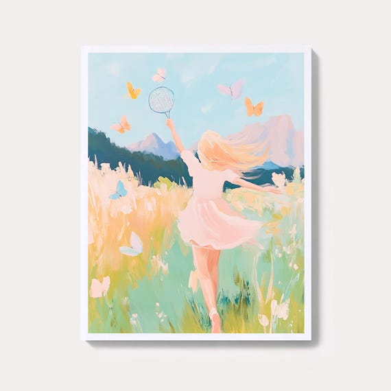 Whimsical Girl With Butterflies Print Pastel Summer Garden Scene