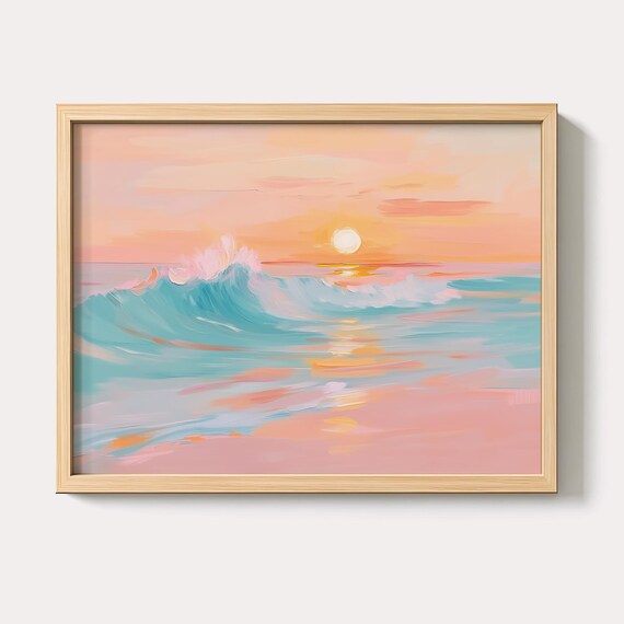 Pastel Ocean Sunset Waves Coastal Seascape Painting Wall Poster