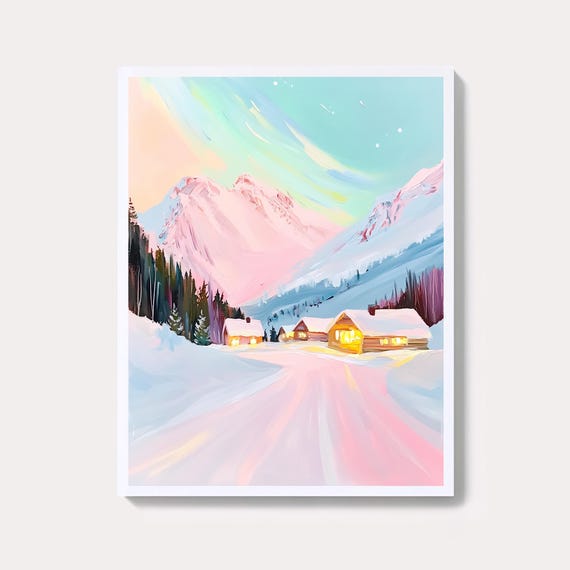 Northern Lights Painting Snowy Village Winter Art Print