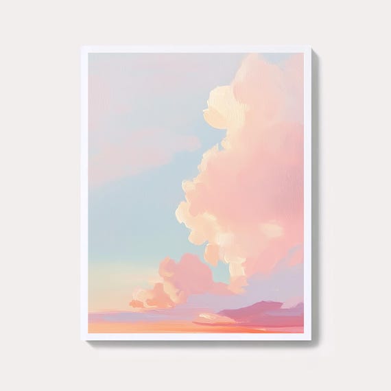 Pastel Pink Sky Painting Retro Sunset Cloud Art