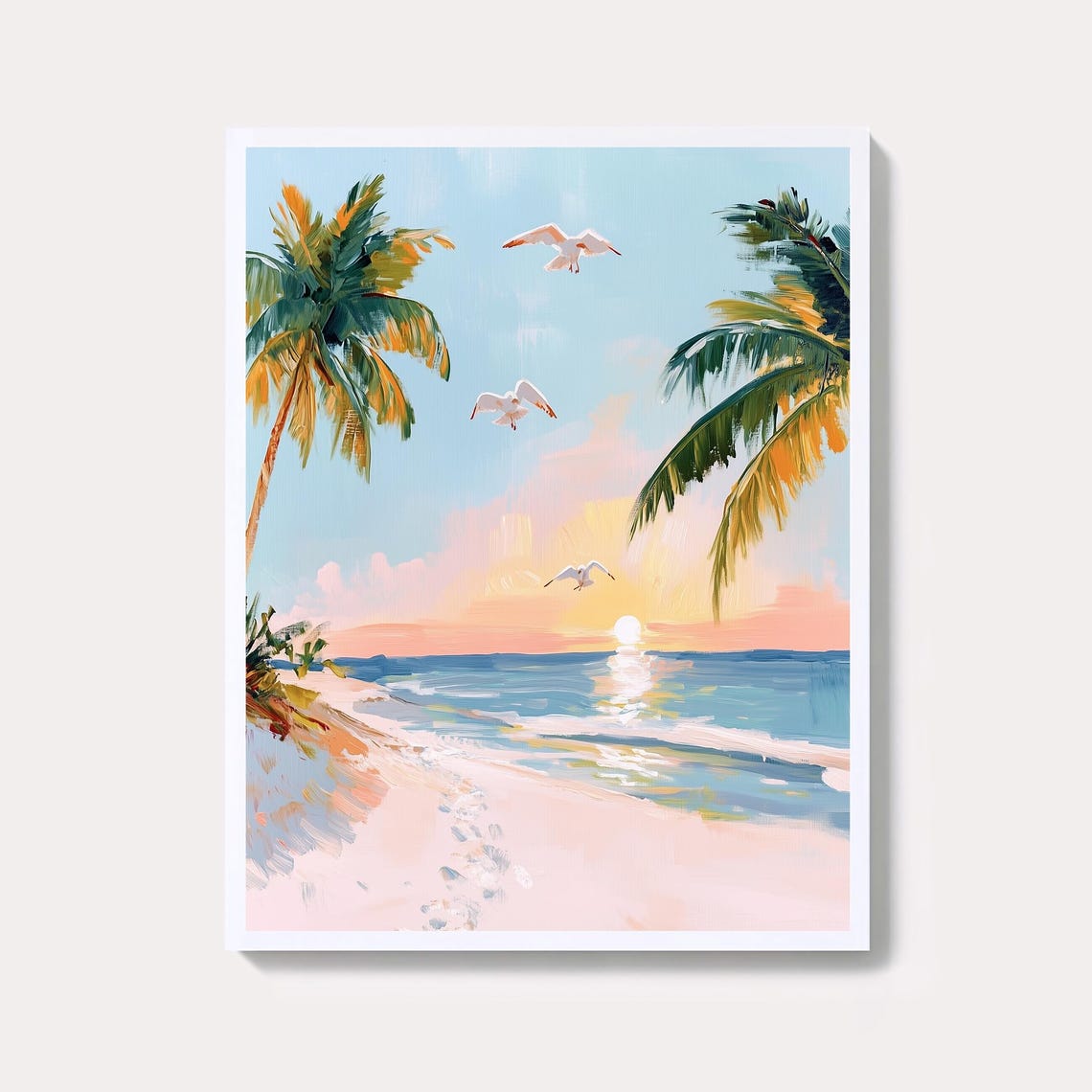 Tropical Beach Sunset With Palm Trees And Gulls Coastal Art Poster