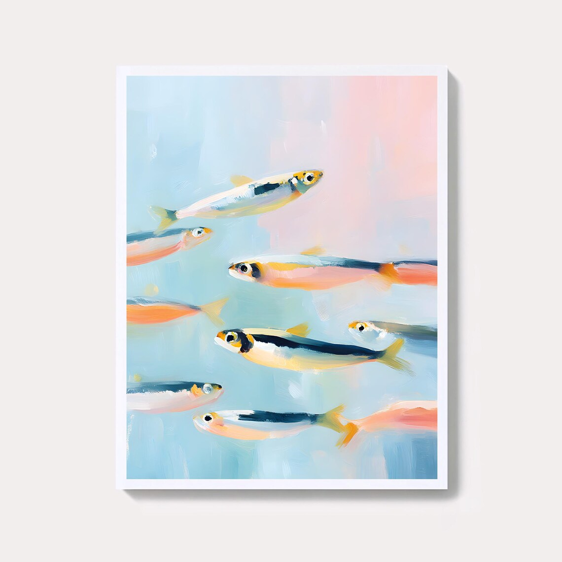 Pastel Sardine School Colorful Fish Painting Coastal Wall Art