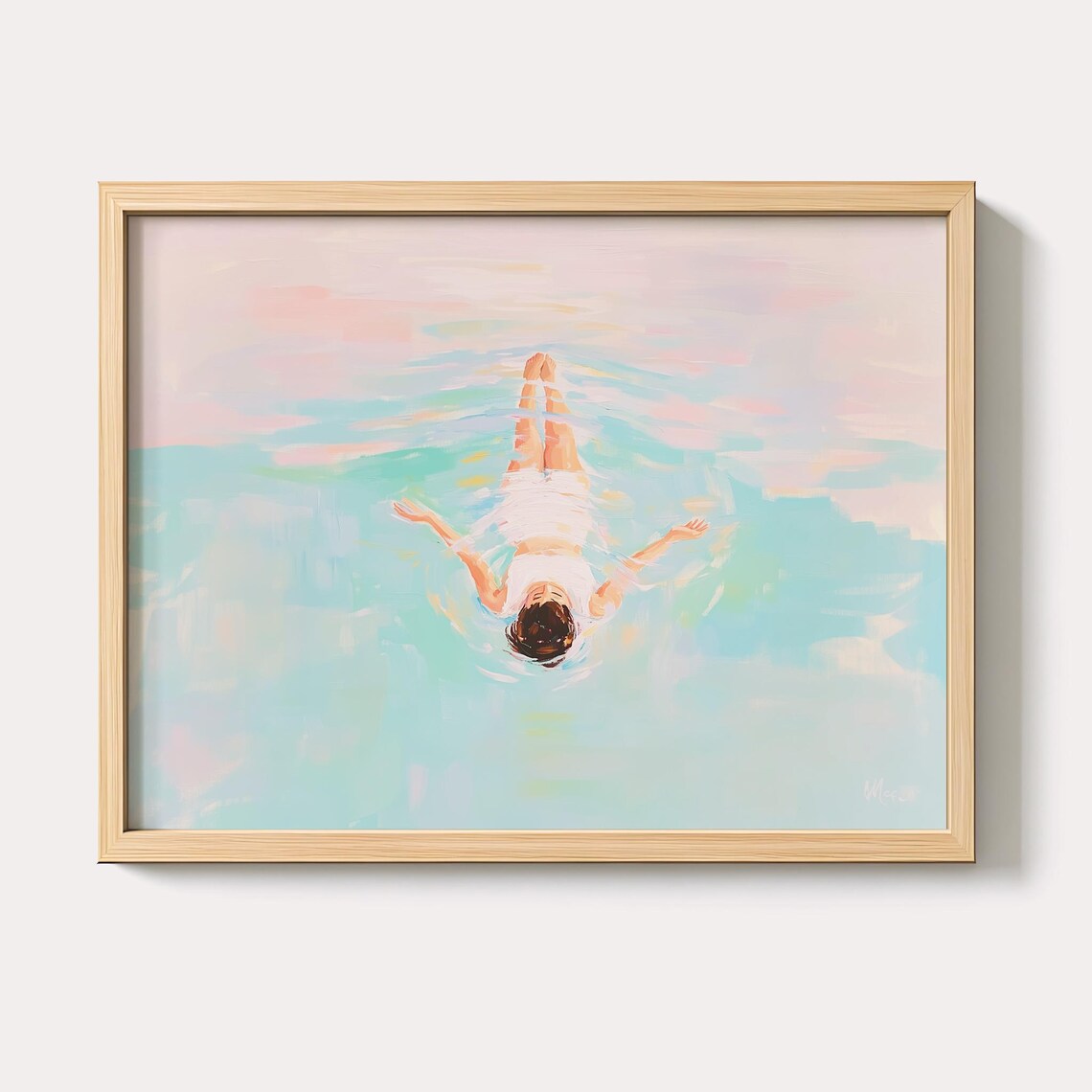 Woman Floating In Turquoise Water Pastel Swimmer Painting Poster