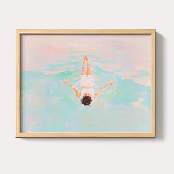 Woman Floating In Turquoise Water Pastel Swimmer Painting Poster