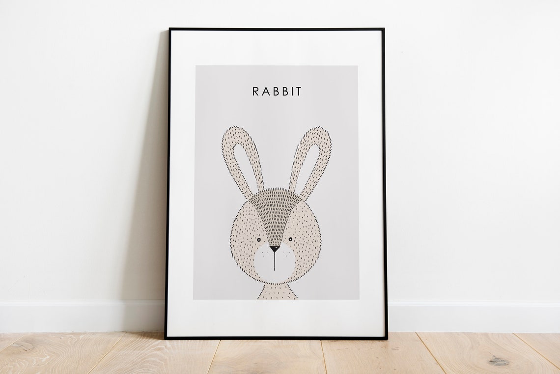 Cute Rabbit Face Nursery Wall Decor Stippled Brown Bunny Poster