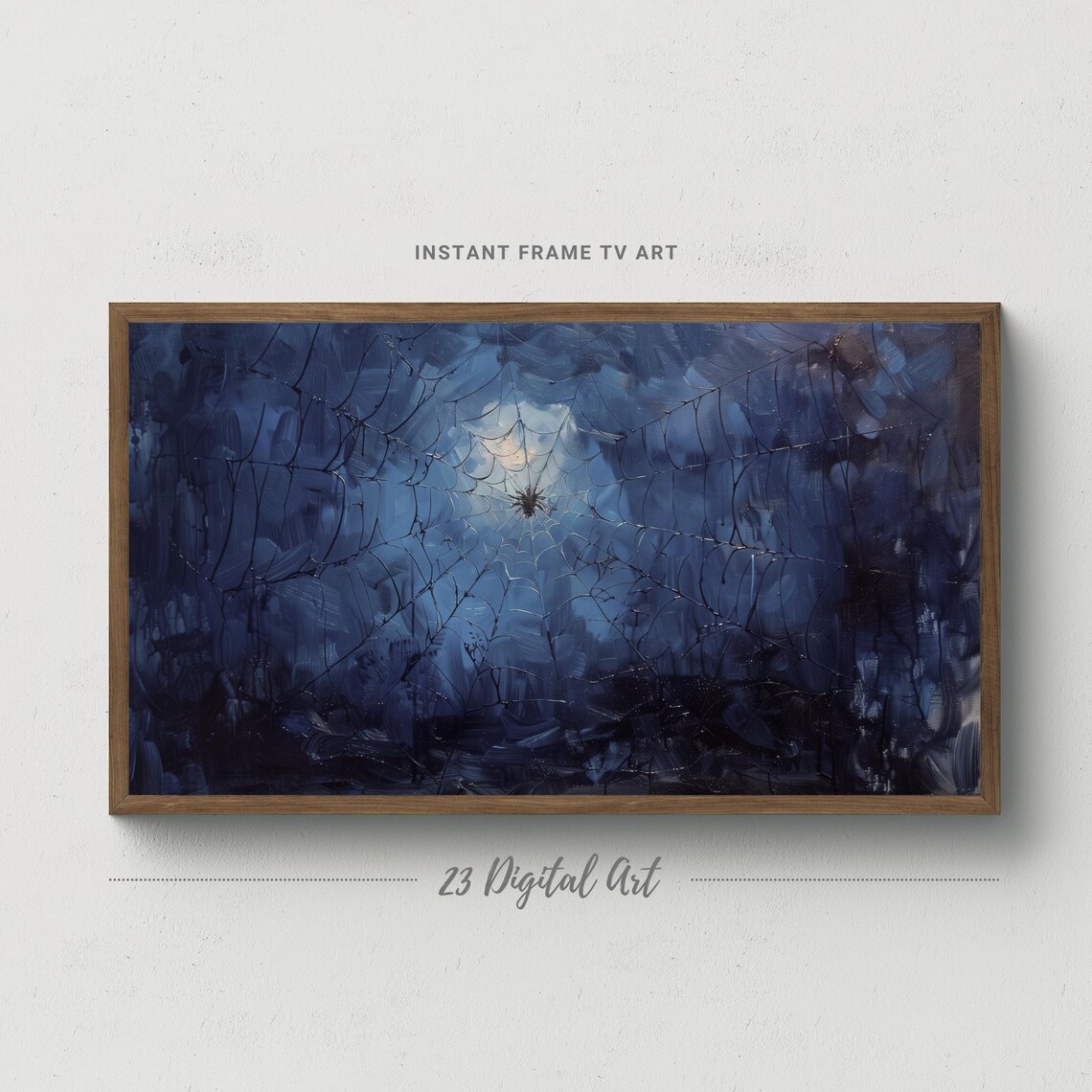 Spider Web Moonlight Blue Night Spooky Halloween Painting Frame TV Poster