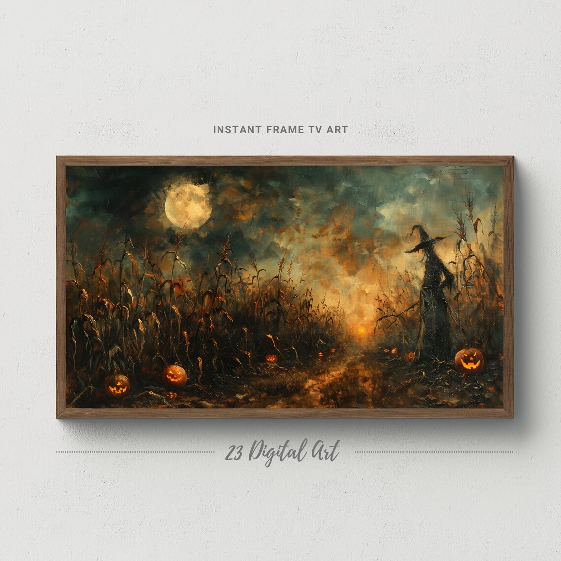 Haunted Corn Field Full Moon Witch Jack-o-Lanterns Spooky Halloween Art Poster