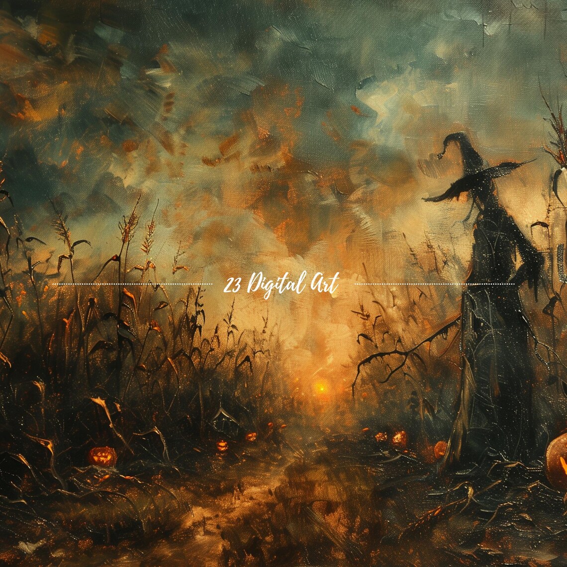 Haunted Corn Field Full Moon Witch Jack-o-Lanterns Spooky Halloween Art Poster - Image 3
