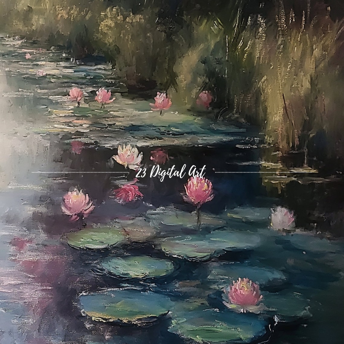 Water Lily Pond Pink Lotus Misty Impressionist Garden Art Print - Image 6