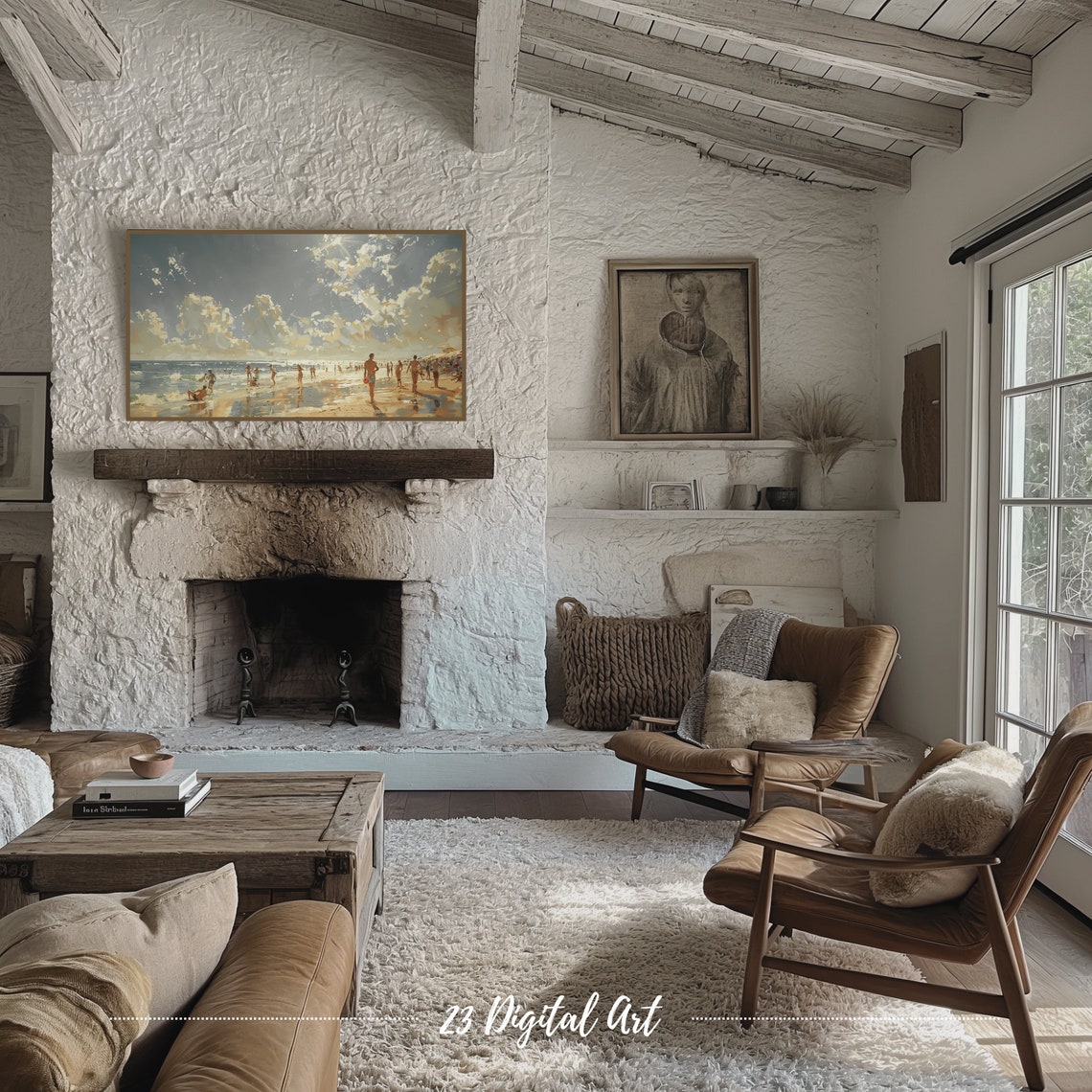 Frame Tv Art Summer Beach Tv Art Oil Painting People Enjoying At Coastal Beach Classic Summer Farmhouse Decor Tv Art 129 - Image 3