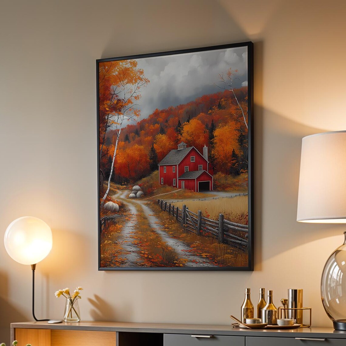 Connecticut Red Barn Autumn Hills Oil Painting Farmhouse Poster