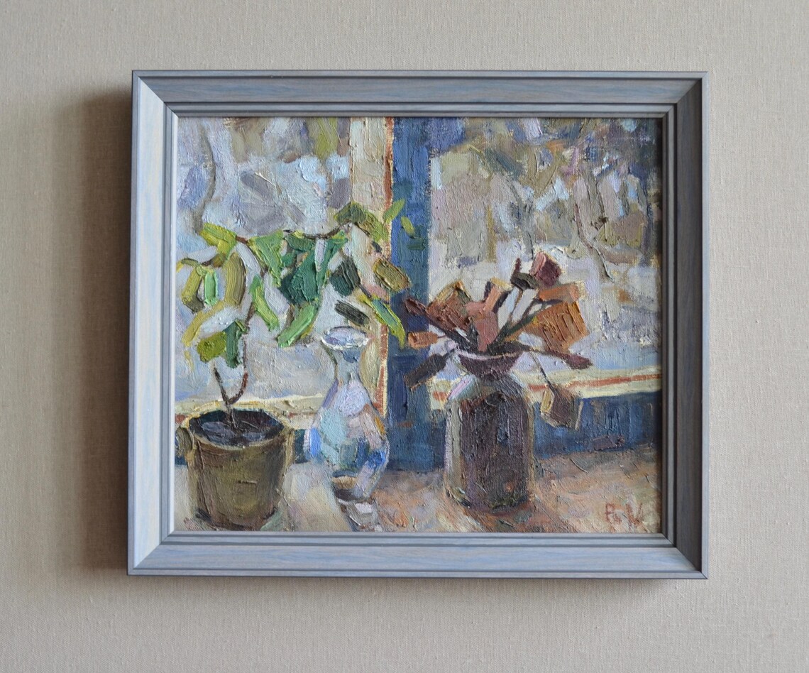 Original Framed Oil Painting On Canvas Winter Still Life With Flowers And Glass Vase By The Window European Fine Art One Of A Kind Unique