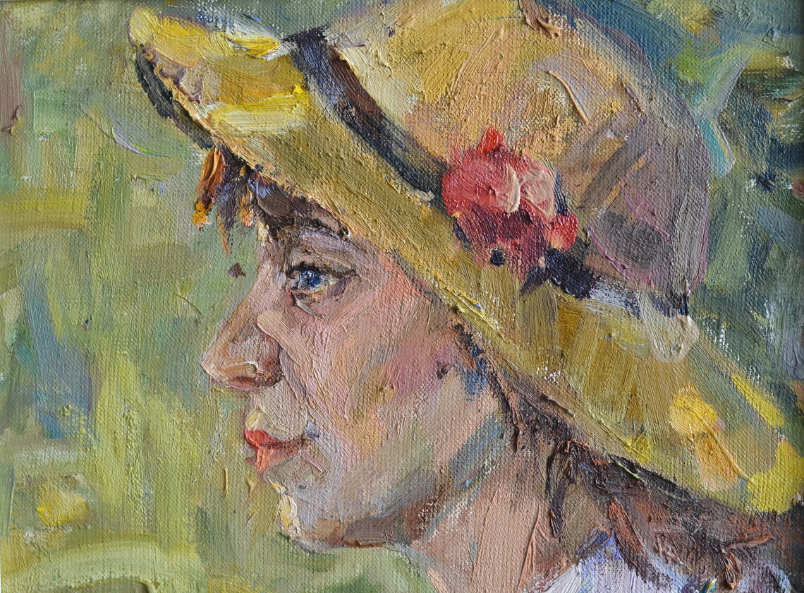Original Female Portrait Oil Painting On Canvas Impressionistic Portrait Of A Girl With A Hat In The Sun In Vintage Style Framed Wall Art - Image 3
