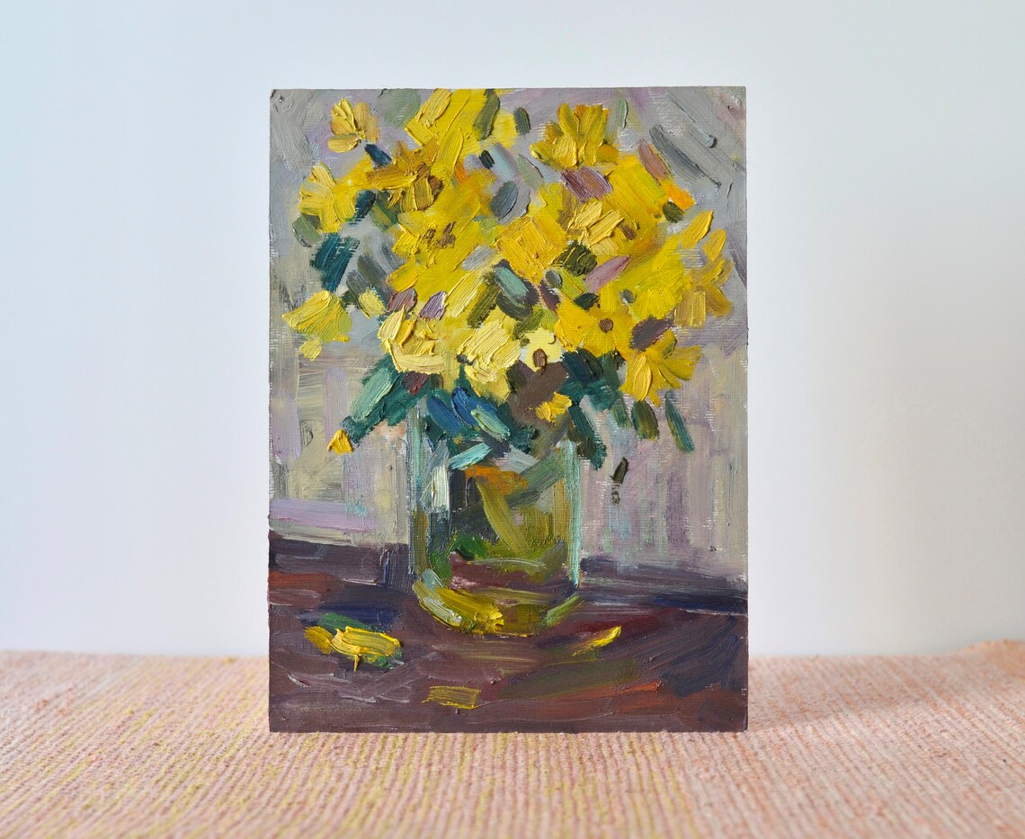 Yellow Flowers Bouquet In Glass Vase Still Life Painting Art Poster