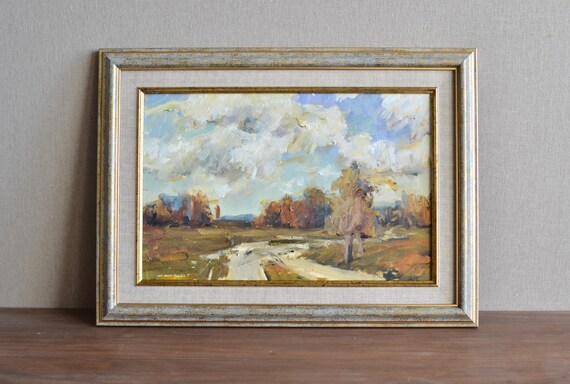 Original Framed Landscape Oil Painting Impressionistic Landscape With Clouds Trees And Road Nature Scenery European Fine Art Unique Art