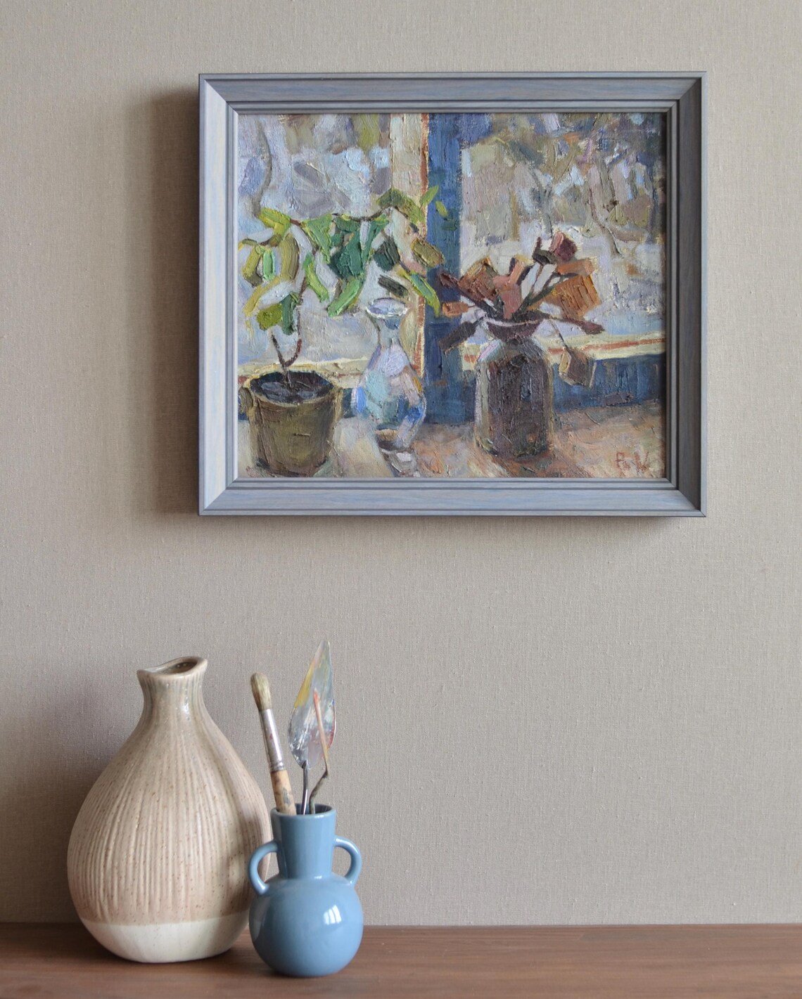 Original Framed Oil Painting On Canvas Winter Still Life With Flowers And Glass Vase By The Window European Fine Art One Of A Kind Unique - Image 4