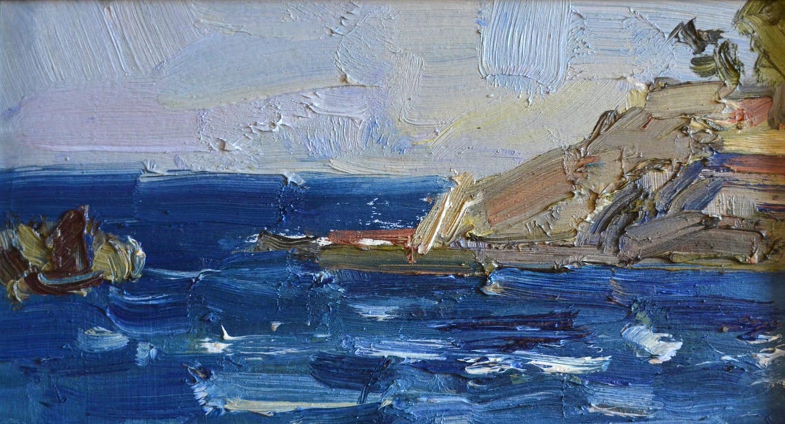Rocky Coast Blue Sea Framed Impressionist Seascape Art Poster - Image 3