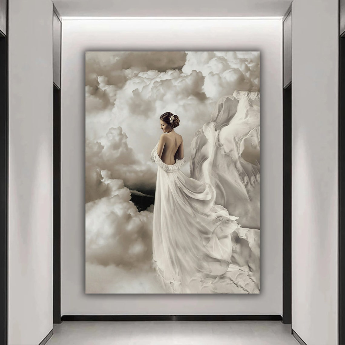 Woman Flowing White Dress Clouds Ethereal Romantic Art Print