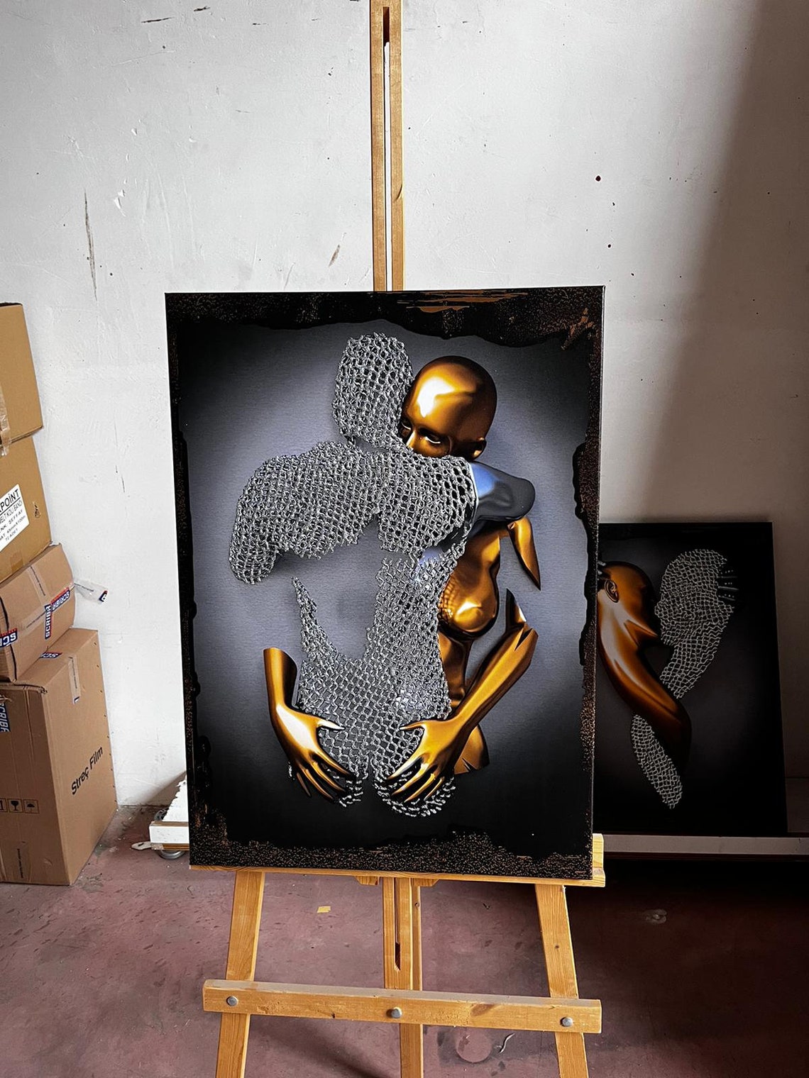 Gold Couple Embrace Silver Mesh Metallic 3D Effect Romantic Wall Art